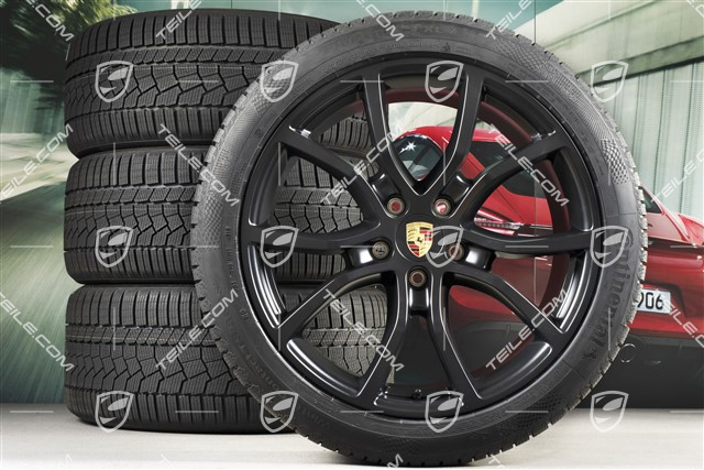 21" koła zimowe Cayenne Exclusive Design, komplet, felgi 9,5J x 21 ET46 + 11,0J x 21 ET58 + NOWE opony zimowe Continental 275/40 R21 + 305/35 R21, z czujnikami ciśnienia, czarny satynowy mat