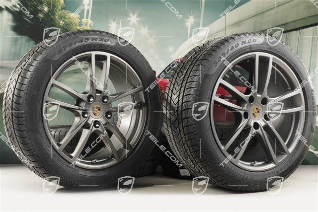20" koła zimowe Cayenne COUPE Sport, komplet, felgi 9J x 20 ET50 + 10,5J x 20 ET55 + NOWE opony zimowe Pirelli 275/45 R20 + 305/40 R20, z czujnikami ciśnienia, Platinum satynowy półmat