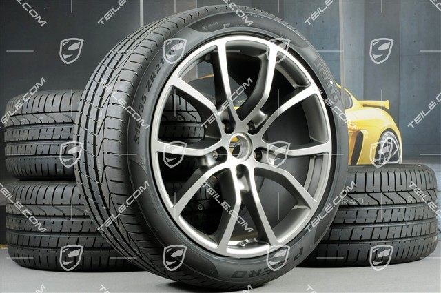 21-inch Cayenne COUPE Exclusive Design summer wheel set, rims 9,5J x 21 ET46 + 11,0J x 21 ET49 + Pirelli summer tyres 285/40 R21 + 315/35 R21, Platinum satin matt, with TPMS