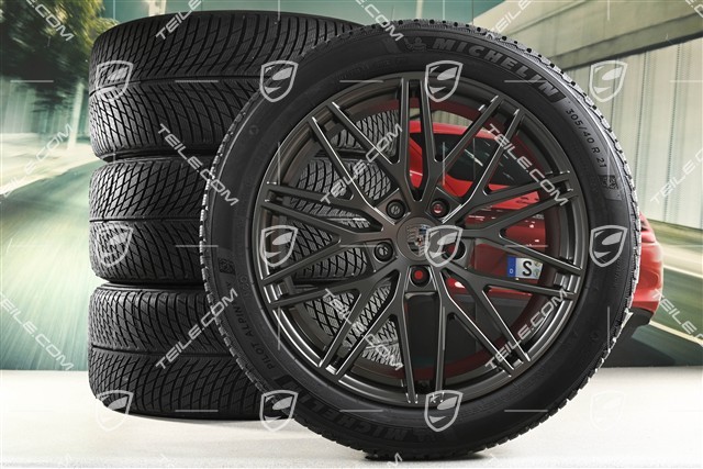 21" Cayenne "RS Spyder Design" Winterräder Satz, Felgen 9,5J x 21 ET46 + 11,0J x 21 ET49 + Michelin Pilot Alpin 5 SUV Winterreifen 285/45 R21 + 305/40 R21, mit RDK-Sensoren, Turbonit