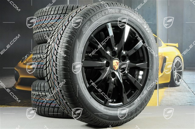 18" Cayenne komplet kół zimowych, felgi 8J x 18 ET53 + NOWE opony zimowe Dunlop SP Winter Sport 3D 255/55 R18, z czujnikami RDK, czarny wysoki połysk
