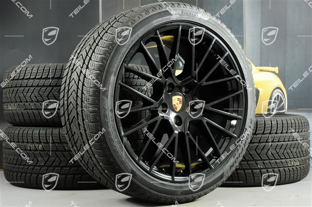 21" koła zimowe Cayenne RS Spyder, komplet, felgi 9,5J x 21 ET46 + 11,0J x 21 ET58 + opony zimowe Pirelli 275/40 R21 + 305/35 R21, z czujnikami ciśnienia, czarny wysoki połysk