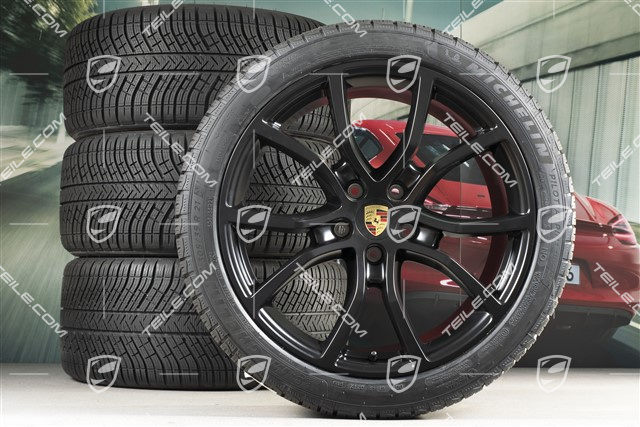 21" koła zimowe Cayenne Exclusive Design, komplet, felgi 9,5J x 21 ET46 + 11,0J x 21 ET58 + opony zimowe Michelin Pilot Alpin 5 275/40 R21 + 305/35 R21, z czujnikami ciśnienia, czarny satynowy mat