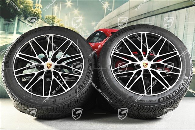 21" Cayenne COUPE "RS Spyder Design" Winterräder Satz, Felgen 9,5J x 21 ET46 + 11,0J x 21 ET49 + Michelin Pilot Alpin 5 SUV Winterreifen 285/45 R21 + 305/40 R21, mit RDK-Sensoren, schwarz hochglanz