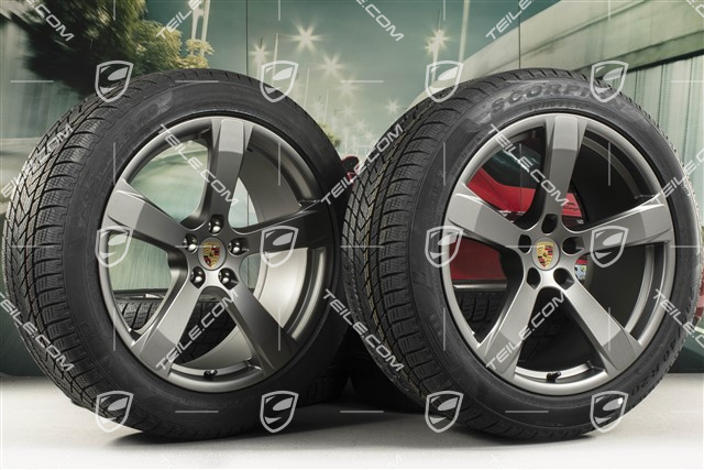 20" "Macan Sport" koła zimowe, komplet, felgi 9J x 20 ET26 + 10J x 20 ET19 + NOWE opony zimowe Pirelli 265/45 R 20 + 295/40 R 20, platinum satynowy półmat, z czujnikami ciśnienia RDK