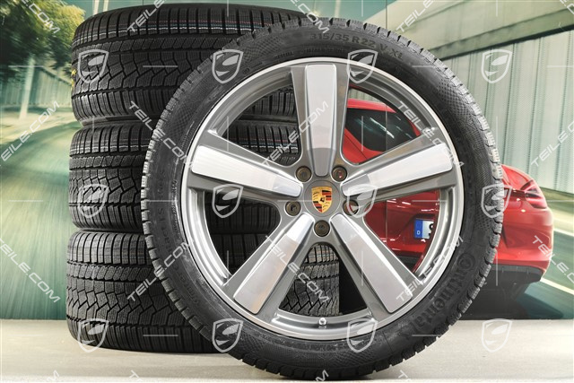 22" Koła zimowe, komplet, Cayenne Exclusive Design Sport, felgi 10J x 22 ET48 +11,5J x 22 ET61 + NOWE opony zimowe Continental 285/40 R22 + 315/35 R22, platynowy srebrny