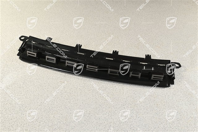 Trim, upper / rear, Porsche logo in Turbonite / Rhodium Grey