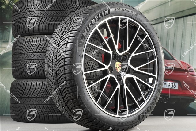21" koła zimowe Cayenne RS Spyder, komplet, felgi 9,5J x 21 ET46 + 11,0J x 21 ET58 + NOWE opony zimowe Michelin 275/40 R21 + 305/35 R21, z czujnikami ciśnienia, czarny wysoki połysk