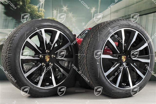 20" koła zimowe Taycan Tequipment Design, komplet, felgi 9J x 20 ET54 + 11J x 20 ET60 + NOWE opony zimowe Goodyear 245/45 R20 + 285/40 R20, czarny wysoki połysk