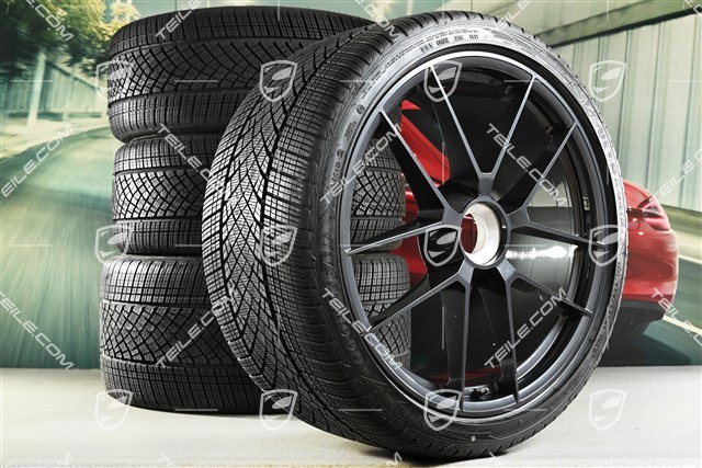 20"+21" Carrera GTS, koła zimowe, komplet, mocowane centralnie, felgi 8,5J x 20 ET50 + 11J x 21 ET82 + NOWE opony zimowe Goodyear 245/35 R20 + 305/30 R21, z czujnikami ciśnienia, Anthracite Grey