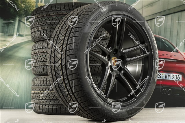 20" "Macan Turbo" Winterräder Satz, Felgen 9J x 20 ET26 + 10J x 20 ET19 + Pirelli Winterreifen 265/45 R20 + 295/40 R20, schwarz seidenmatt, mit RDK-Sensoren