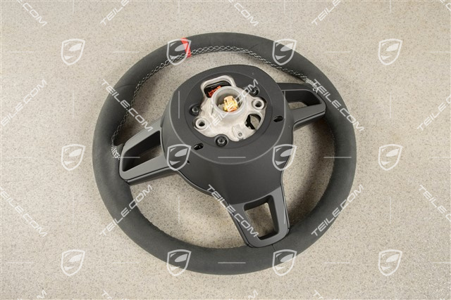 Kierownica sportowa GT, Alcantara, czarna/srebrna, Czerwony pasek na godz. 12