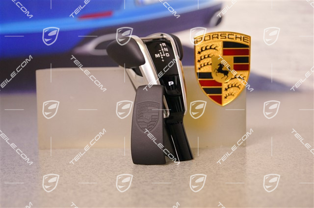 Dźwignia biegów, Exclusive Design, z wytłoczonym herbem Porsche, gładka skóra, czarna
