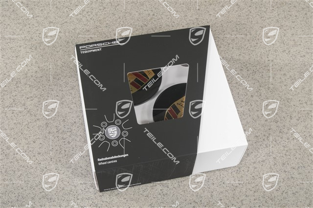 Radzierdeckel Satz, konkav, Wappen farbig, für 20-/21-Zoll Exclusive Design und Carrera S Felgen, Tiefschwarz Metallic