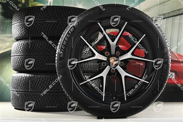 21" Cayenne RS Spyder Design Winterräder Satz, Felgen 9,5J x 21 ET16 + 11J x 21 ET37 + Michelin Pilot Alpin 5 Winterreifen 275/45 R21 + 315/40 R21, schwarz hochglanz