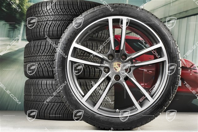 21" koła zimowe Cayenne Turbo, komplet, felgi 9,5J x 21 ET46 + 11,0J x 21 ET58 + opony zimowe Michelin 275/40 R21 + 305/35 R21, z czujnikami ciśnienia, Titanium