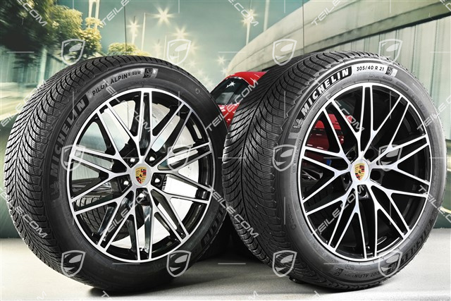21" Cayenne COUPE "RS Spyder Design" Winterräder Satz, Felgen 9,5J x 21 ET46 + 11,0J x 21 ET49 + Michelin Pilot Alpin 5 SUV Winterreifen 285/45 R21 + 305/40 R21, mit RDK-Sensoren, schwarz hochglanz