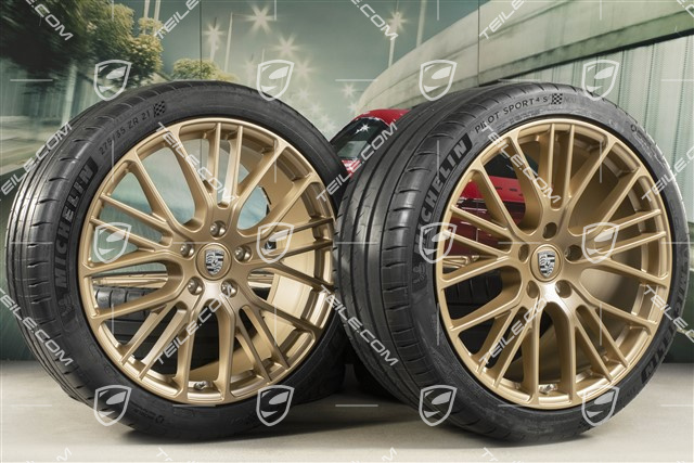 21" Panamera Exclusive Design Sport Sommerräder Satz, Felgen 9,5J x 21 ET71 + 11,5J x 21 ET69 + Michelin Sommerreifen 275/35 R21 + 315/30 R21, mit RDK-Sensoren, in Aurum Seidenmatt