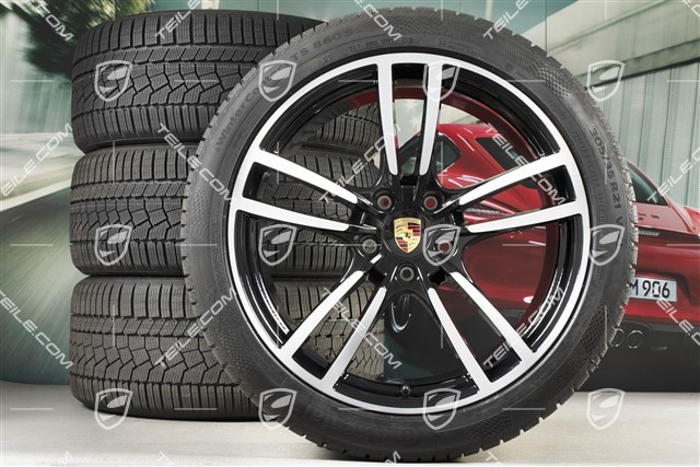 21" koła zimowe Cayenne Turbo, komplet, felgi 9,5J x 21 ET46 + 11,0J x 21 ET58 + opony zimowe Continental 275/40 R21 + 305/35 R21, z czujnikami ciśnienia, czarny połysk