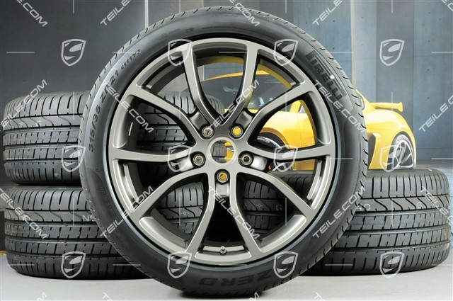 21-inch Cayenne COUPE Exclusive Design summer wheel set, rims 9,5J x 21 ET46 + 11,0J x 21 ET49 + Pirelli summer tyres 285/40 R21 + 315/35 R21, Platinum satin matt, with TPMS