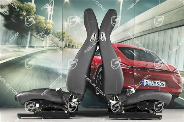 Seats, el. adjustable, 14-way, heating, lumbar, ventilation, leather, black, with Porsche crest, set, L+R