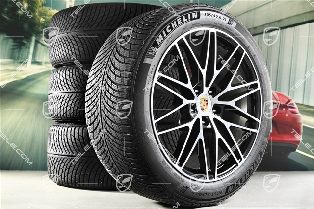21" Cayenne COUPE "RS Spyder Design" Winterräder Satz, Felgen 9,5J x 21 ET46 + 11,0J x 21 ET49 + Michelin Pilot Alpin 5 SUV Winterreifen 285/45 R21 + 305/40 R21, mit RDK-Sensoren, schwarz hochglanz