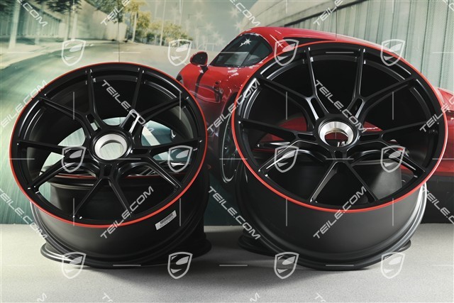 20+21 -inch GT3 wheel rim set, 9,5J x 20 ET46 + 12J x 21 ET45, black satin mat + red rim border