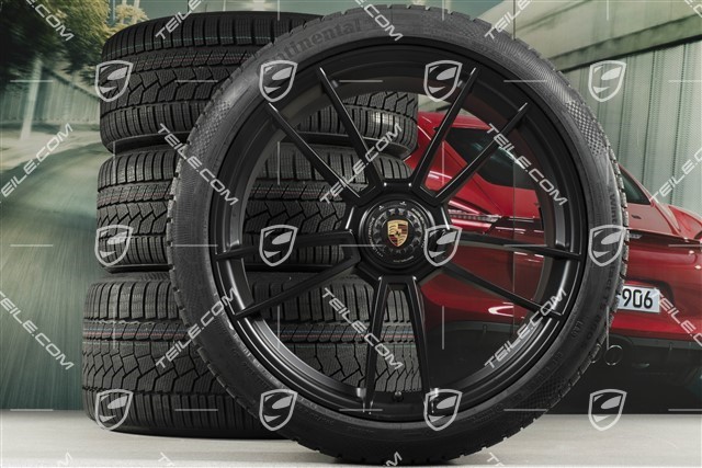 20"+21" GTS "Turbo S" Winterräder Satz, Zentralverschluss Felgen 8,5J x 20 ET50 + 11J x 21 ET66 + NEUE Continental Winterreifen 245/35 R20 + 295/30 R21, schwarz seidenmatt