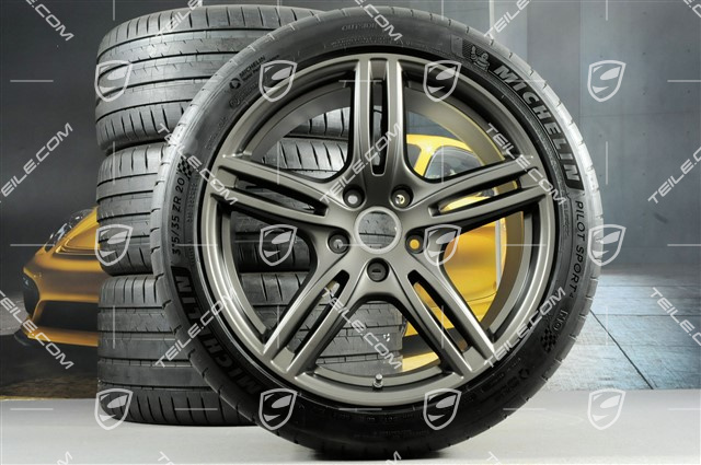20" Panamera Turbo Sommerräder, Felgen 9,5J x 20 ET71 + 11,5J x 20 ET68 + Michelin Sommerreifen 275/40 ZR20 + 315/35 ZR20, mit RDK-Sensoren, Platinum Seidenmatt