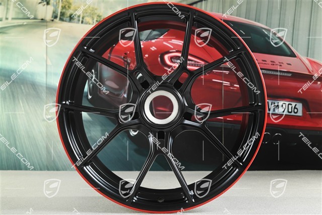 20"+21" GT3 komplet felg, 9,5J x 20 ET46 + 12J x 21 ET45, czarny satynowy półmat + czerwony rant