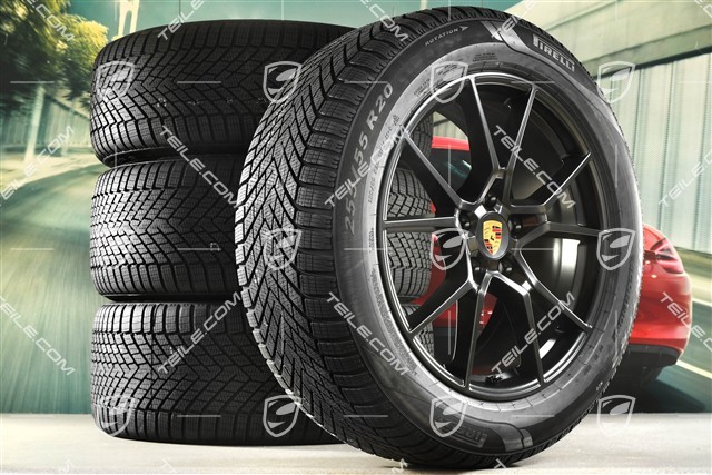 20" Cayenne S Winterräder Satz, Felgen 9J x 20 ET50 + 10,5J x 20 ET55 + Pirelli Winterreifen 255/55 R20 + 295/45 R20, mit RDK-Sensoren, in Schwarz Seidenmatt