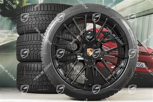 21" koła zimowe Cayenne RS Spyder, komplet, felgi 9,5J x 21 ET46 + 11,0J x 21 ET58 + NOWE opony zimowe Continental 275/40 R21 + 305/35 R21, z czujnikami ciśnienia, czarny wysoki połysk