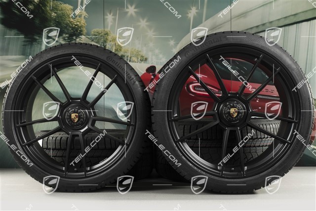20"+21" GTS "Turbo S" Winterräder Satz, Zentralverschluss Felgen 8,5J x 20 ET50 + 11J x 21 ET66 + NEUE Continental Winterreifen 245/35 R20 + 295/30 R21, schwarz seidenmatt