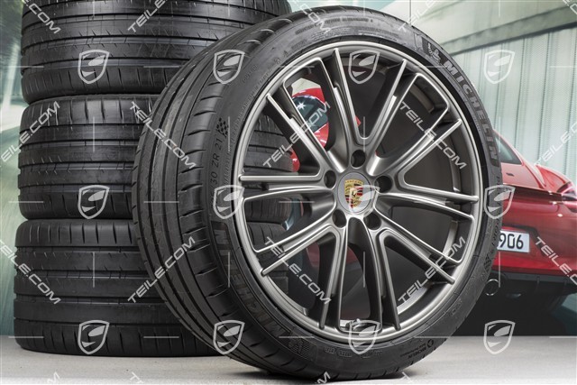 21-inch Panamera Exclusive Design summer wheel set, rims 9,5J x 21 ET71 + 11,5J x 21 ET69 + Michelin summer tires 275/35 ZR21 + 325/30 ZR21, Platinum, with TPM