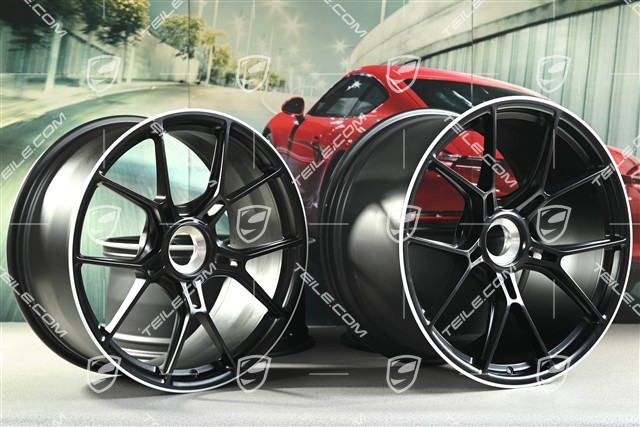 20"+21" GT3 Felgen Satz, 9,5J x 20 ET46 + 12J x 21 ET45, in Schwarz Seidenmatt, Rand in Weiß