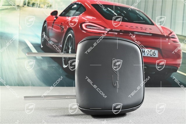 Zagłówek, fotel przedni, gładka skóra, czarny, napis GTS