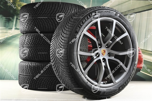 21" koła zimowe Cayenne Exclusive Design, komplet, felgi 9,5J x 21 ET46 + 11,0J x 21 ET58 + opony zimowe Michelin 285/45 R21 + 305/40 R21, z czujnikami ciśnienia, Vesuvius Grey