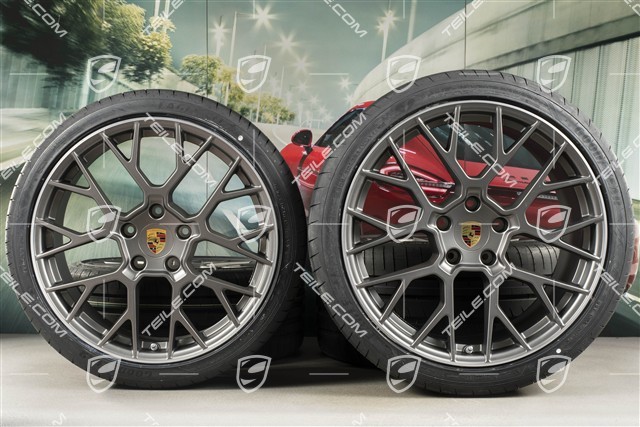 20"+21" koła letnie, komplet RS Spyder Design, felgi 8,5J x 20 ET53 + 11,5J x 21 ET67 + NOWE opony letnie Goodyear 245/35 R20 + 305/30 R21, z czujnikami ciśnienia, Platinum satynowy półmat