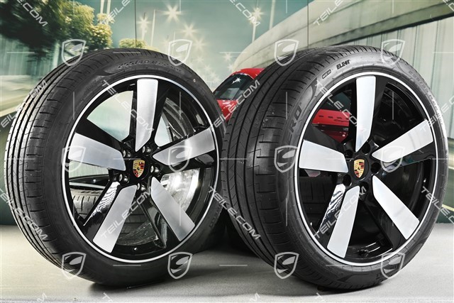 22" "Macan Sport" koła letnie, komplet, felgi 9J x 22 ET29 + 11J x 22 ET47 + NOWE opony letnie Goodyear 255/40 R 22 + 295/35 R 22, czarny wysoki połysk