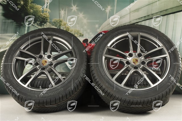 20" Cayenne COUPE Sport Winterräder Satz, Felgen 9J x 20 ET50 + 10,5J x 20 ET55 + NEUE Continental Winterreifen 275/45 R20 + 305/40 R20, mit RDK-Sensoren, Platinum Seidenmatt