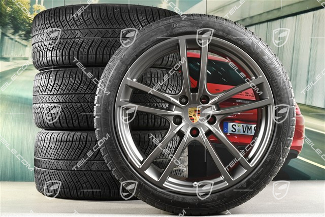 21" koła zimowe Cayenne Turbo, komplet, felgi 9,5J x 21 ET46 + 11,0J x 21 ET58 + opony zimowe Michelin 275/40 R21 + 305/35 R21, z czujnikami ciśnienia, Platinum półmat satyna