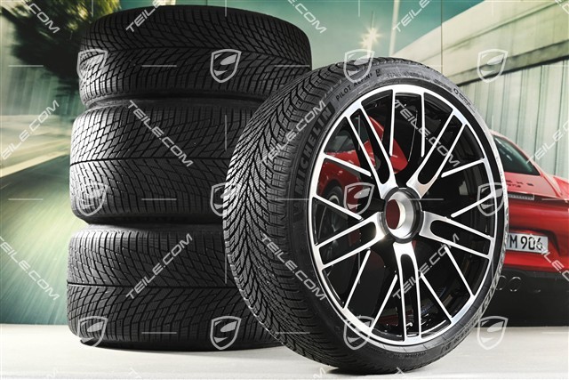 20+21" 911 Turbo S Winterräder Satz, Felgen 8,5J x 20 ET40 + 11,5 x 21 ET62 + NEUE Michelin Winterreifen 245/35 R20 + 315/30 R21, schwarz hochglanz + glanzgedrecht