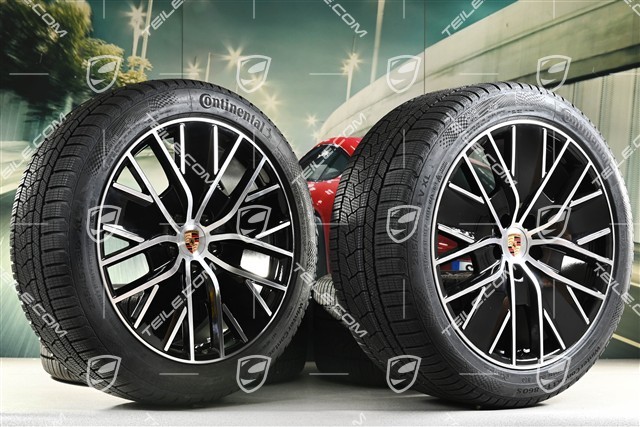 21" Macan Design Winterräder Satz, Felgen 8,5J x 21 ET27 + 10,5J x 21 ET47 + Continental Winterreifen 255/45 R21 + 285/40 R21, in Schwarz Hochglanz