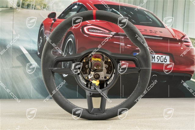 Kierownica sportowa GT, Alcantara, czarna/srebrna, Czerwony pasek na godz. 12