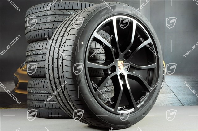 21-inch Cayenne Exclusive Design summer wheel set, rims 9,5J x 21 ET46 + 11,0J x 21 ET58 + NEW Pirelli P Zero summer tyres 285/40 R21 + 315/35 R21, with TPMS, black satin matt