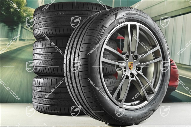 21-inch Cayenne Turbo summer wheel set, rims 9,5J x 21 ET46 + 11,0J x 21 ET49 + NEW Pirelli P Zero summer tyres 285/40 R21 + 315/35 R21, Platinum satin matt