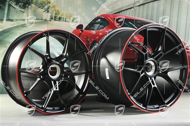 20"+21" GT3 komplet felg, 9,5J x 20 ET46 + 12J x 21 ET45, czarny satynowy półmat + czerwony rant