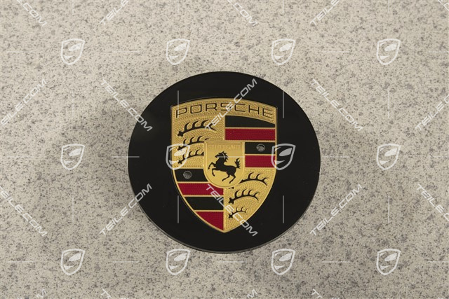 Radzierdeckel, konvex, Porsche Wappen farbig, für Carrera Classic Räder, schwarz hochglanz