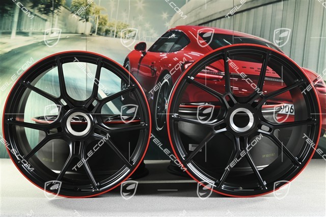 20"+21" GT3 komplet felg, 9,5J x 20 ET46 + 12J x 21 ET45, czarny satynowy półmat + czerwony rant