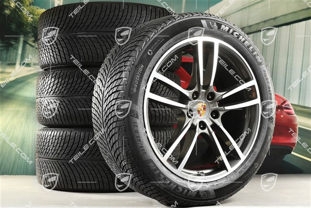 21" koła zimowe Cayenne Turbo, komplet, felgi 9,5J x 21 ET46 + 11,0J x 21 ET58 + NOWE opony zimowe Michelin 285/45 R21 + 305/40 R21, z czujnikami ciśnienia, Titanium